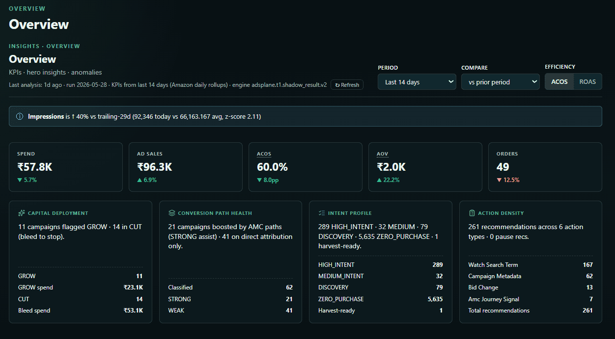 The AdsPlane dashboard showing a live Amazon Ads account's sales and ads summary