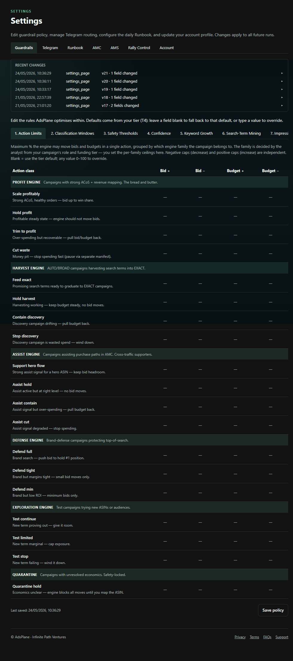 The Guardrail Policy action-limits editor in AdsPlane